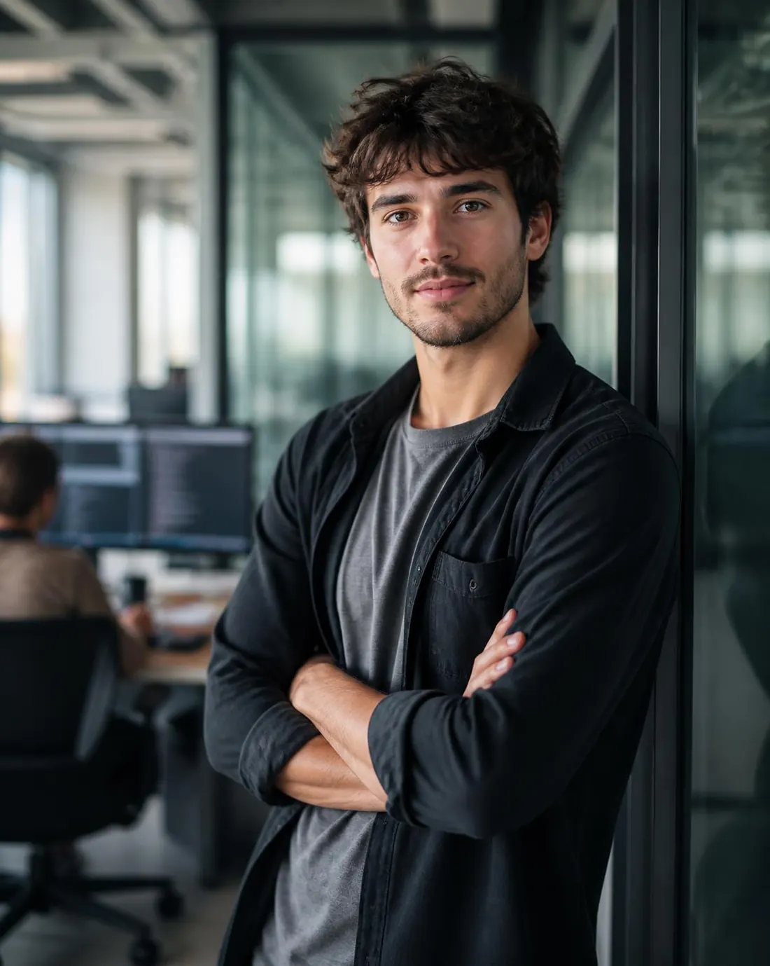 A software engineer working in a modern technology office